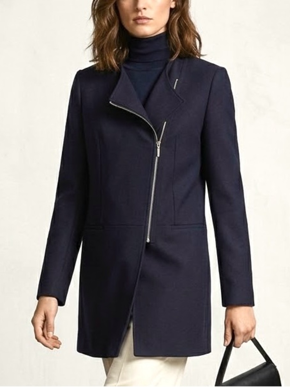 Zara Basic Longline Outerwear Jacket Womens Size M Collarless Asymmetric Zipper